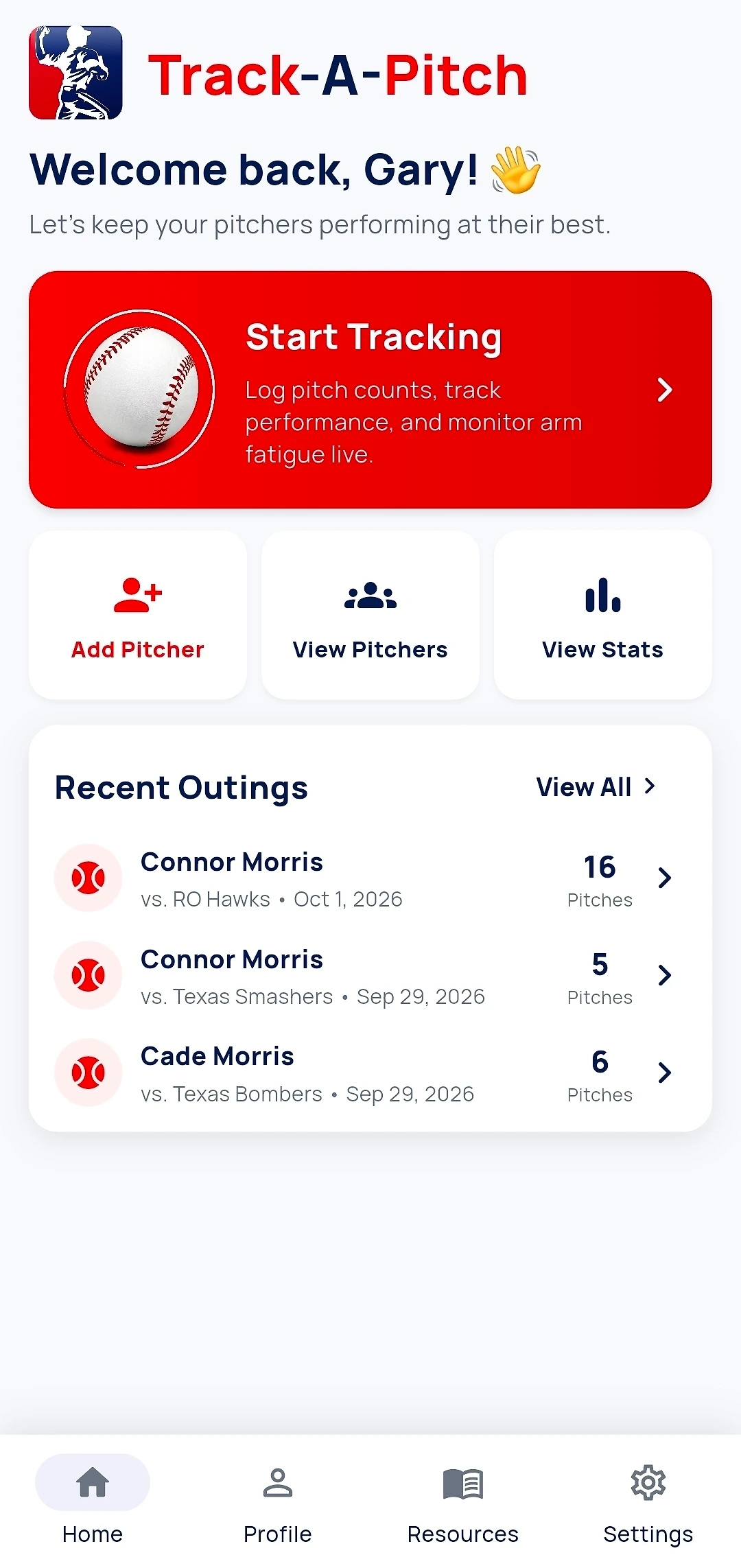Track-A-Pitch home screen with the Start Tracking button, Add Pitcher, View Pitchers, View Stats, and recent outings