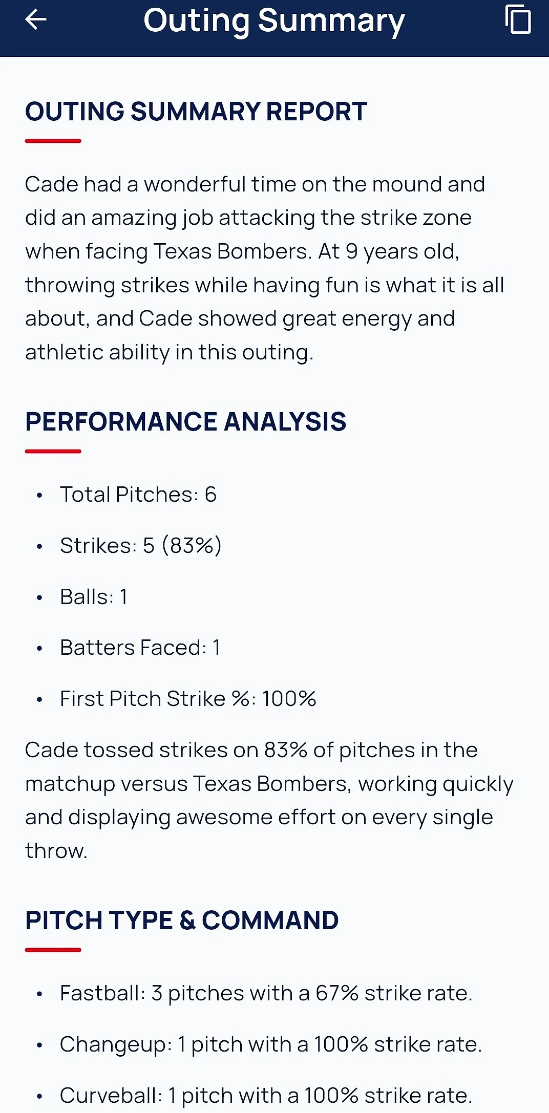 Track-A-Pitch AI outing summary report with performance analysis and pitch type command