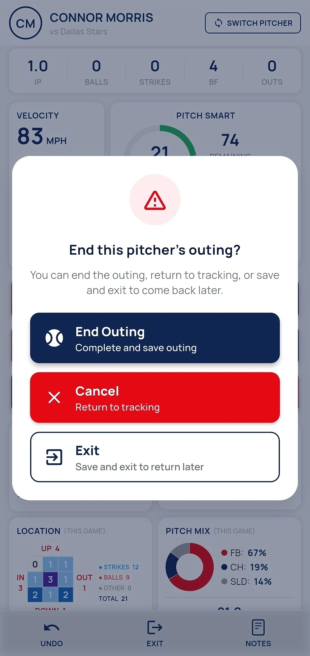 Track-A-Pitch End this pitcher's outing dialog with End Outing, Cancel, and Exit options