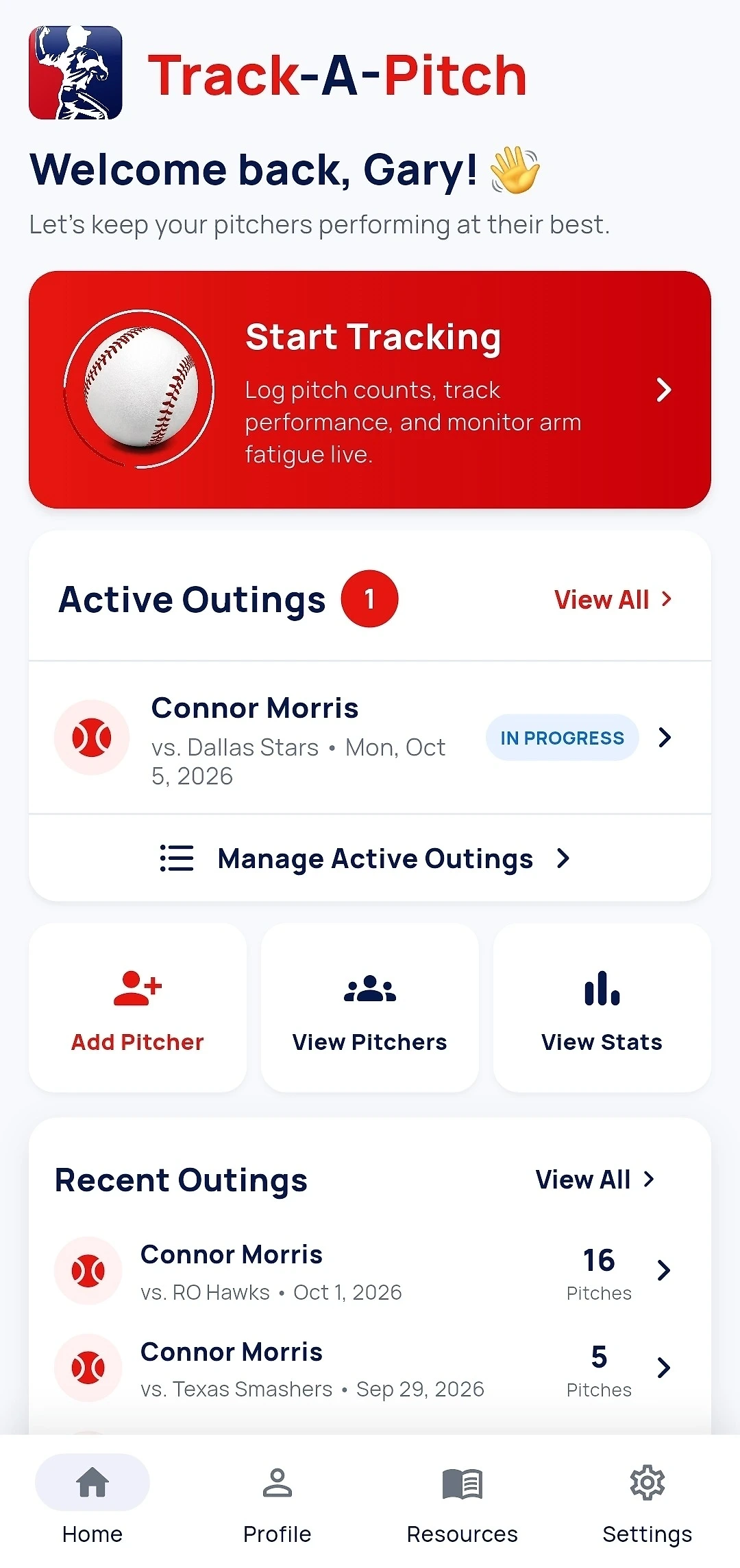 Track-A-Pitch home screen showing one active outing in progress and the Manage Active Outings link