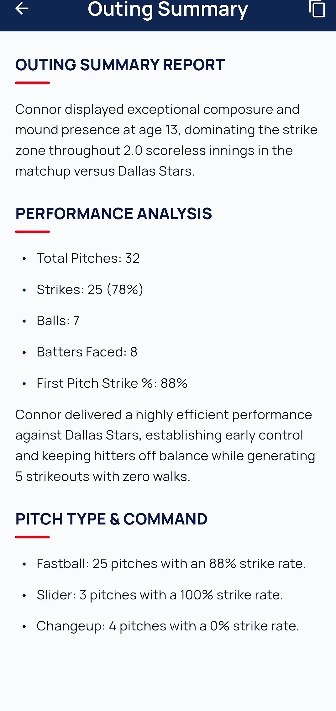 Track-A-Pitch Outing Summary report for Connor Morris: summary, performance analysis with strike percentage and first-pitch strikes, and pitch type command