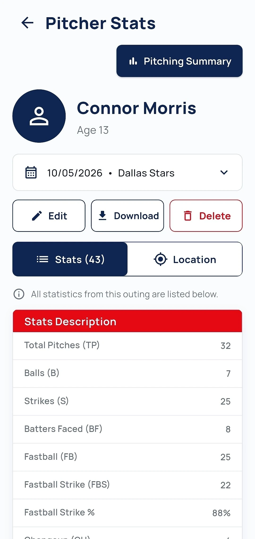 Track-A-Pitch pitcher stats for an outing with the Pitching Summary button, game selector, and stats table