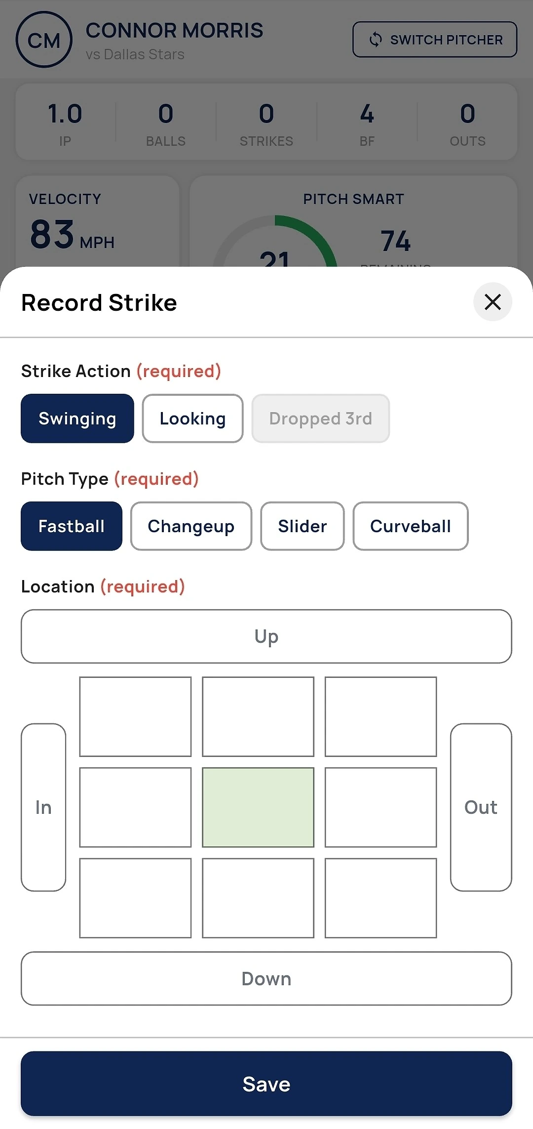 Track-A-Pitch Record Strike sheet with strike action, pitch type, and a strike-zone location grid